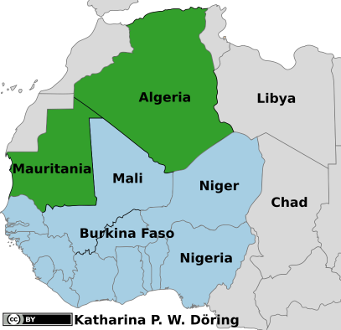 map ECOWAS regions and Mali's non-ECOWAS neighbours